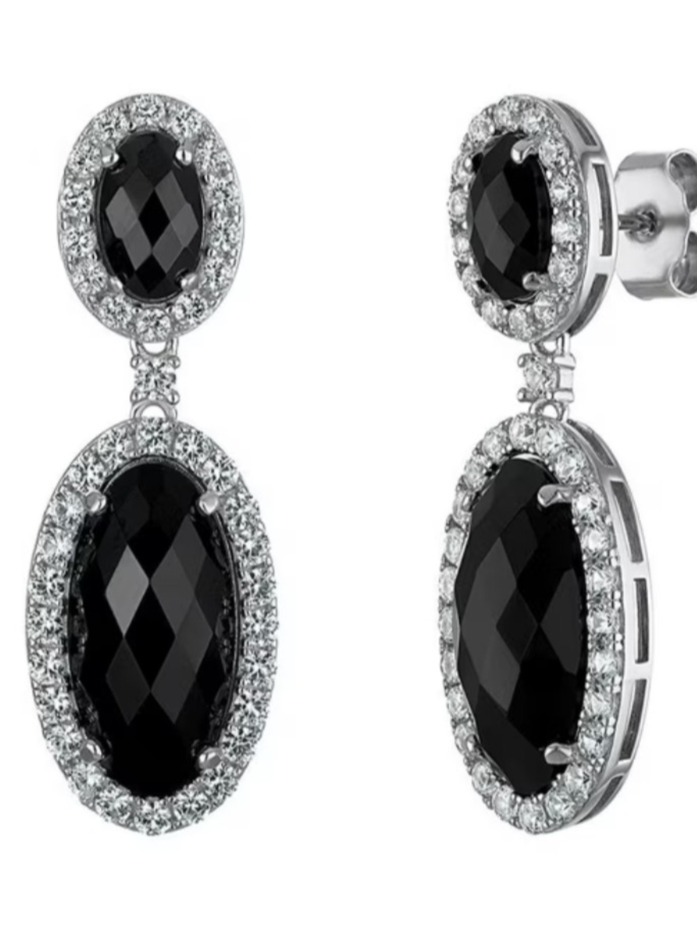 White Rhodium Sterling Silver Black Onyx Halo Diamond Drop Earrings